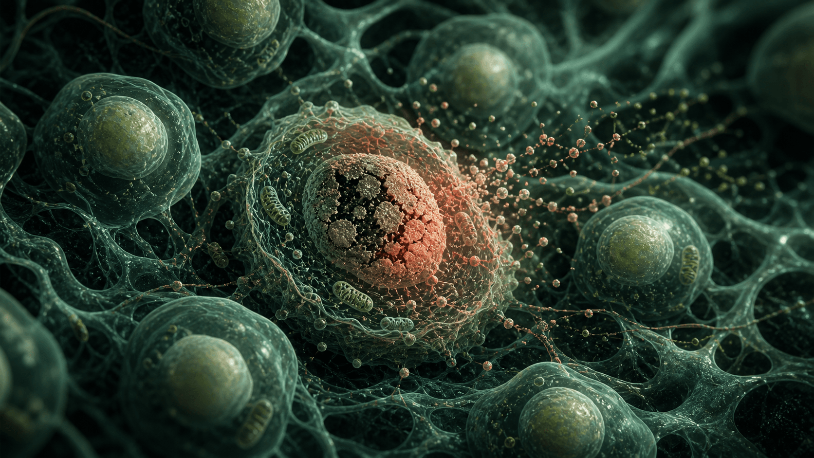 Conceptual senescent cell surrounded by healthier neighboring cells
