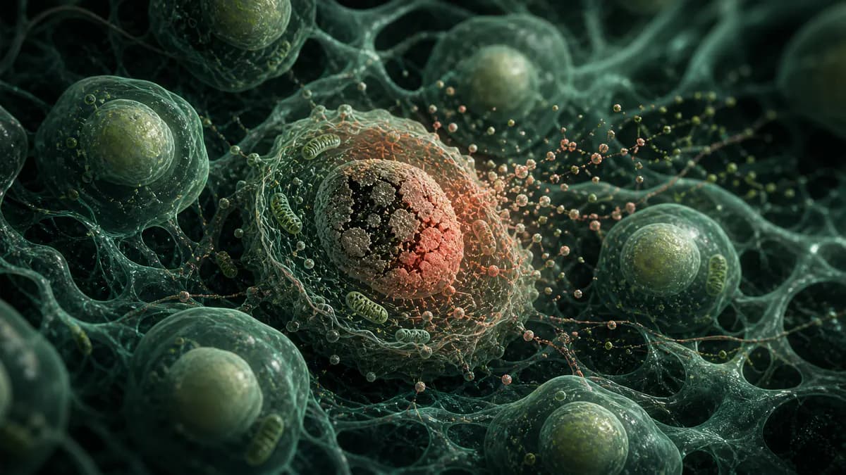 Conceptual senescent cell surrounded by healthier neighboring cells